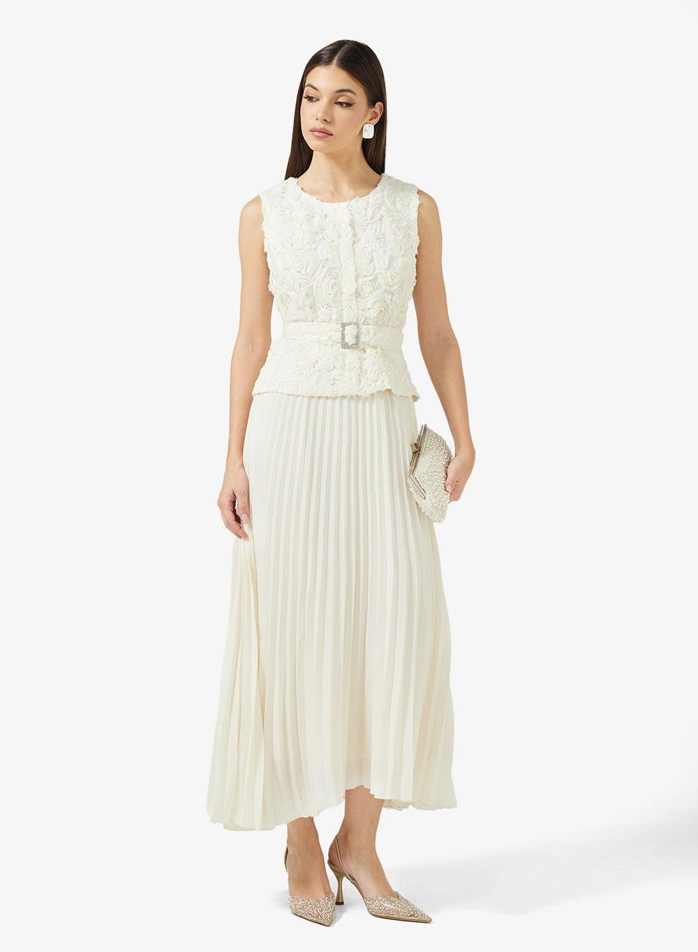 Ivory Pleated Mock Vest Midi Dress Ys250353 - Image 1