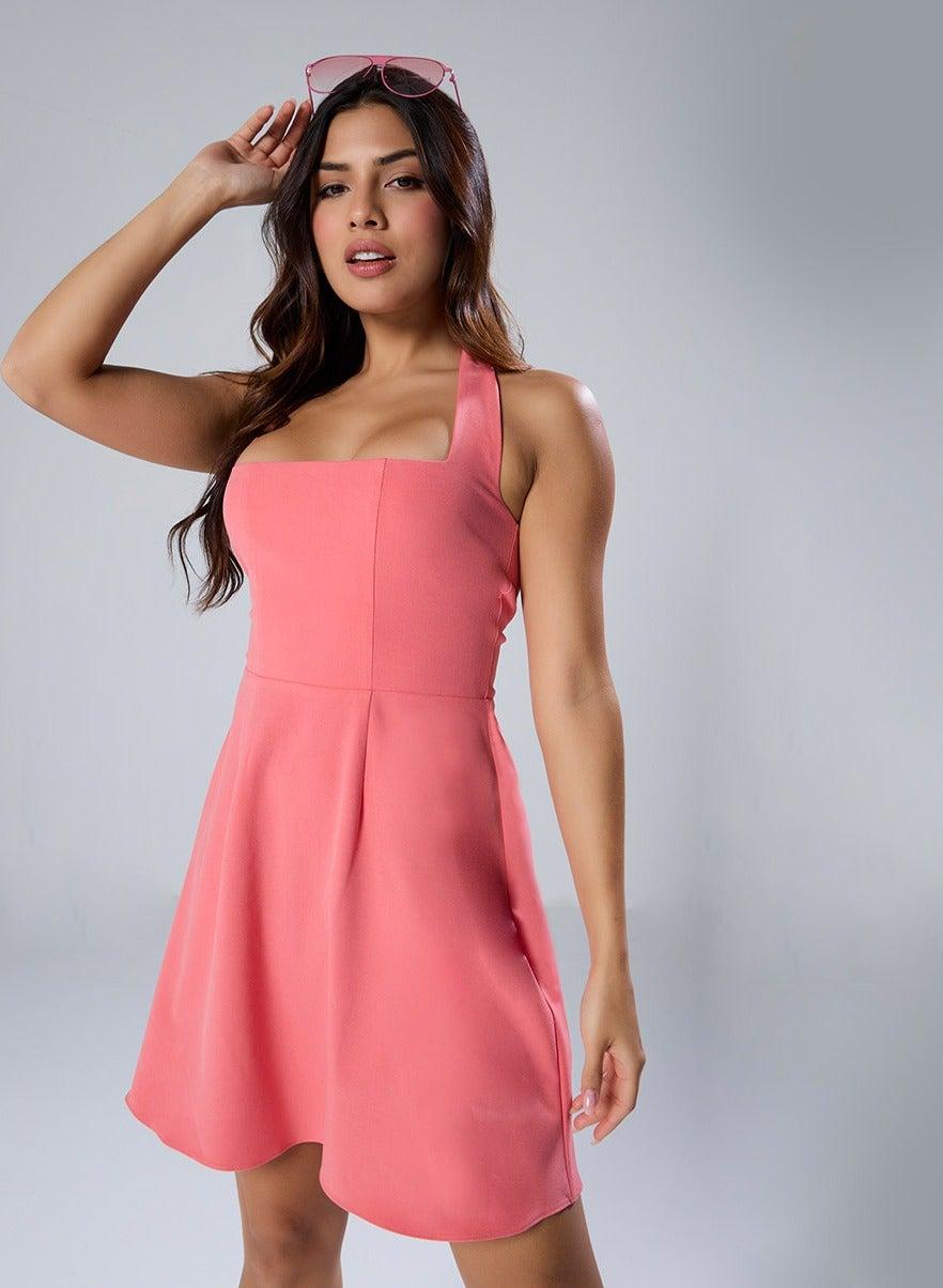 Coral Pink Square Neck Fit & Flare Mini Dress - Image 1