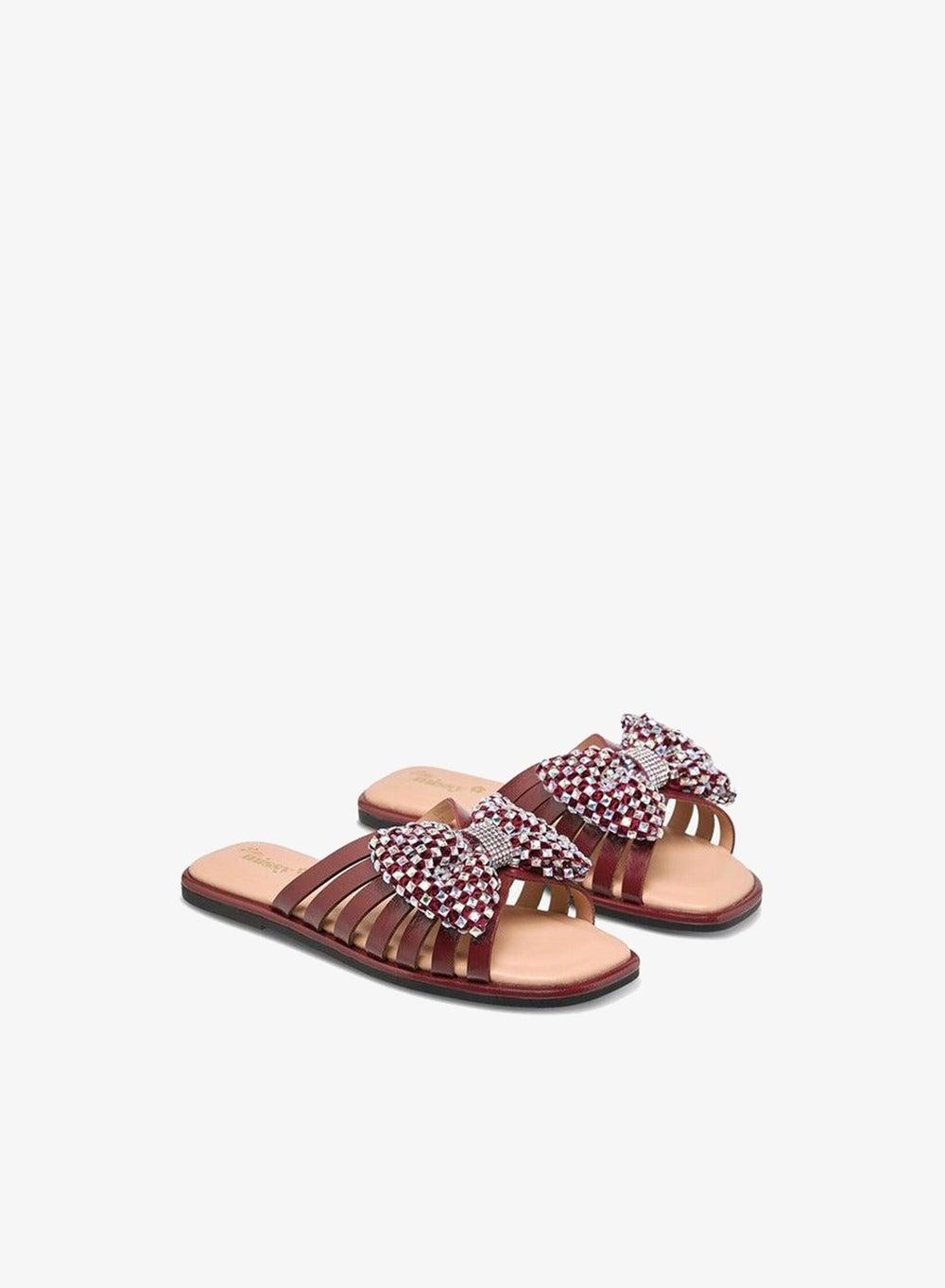 Girls Burgundy Bow Embellished Slip-On Flat Sandals G15662E - Image 1