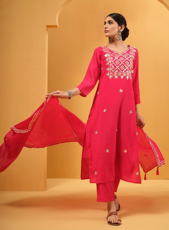 Red Viscose Silk Embellished A-Line Kaftan Kurta Set - Image 1