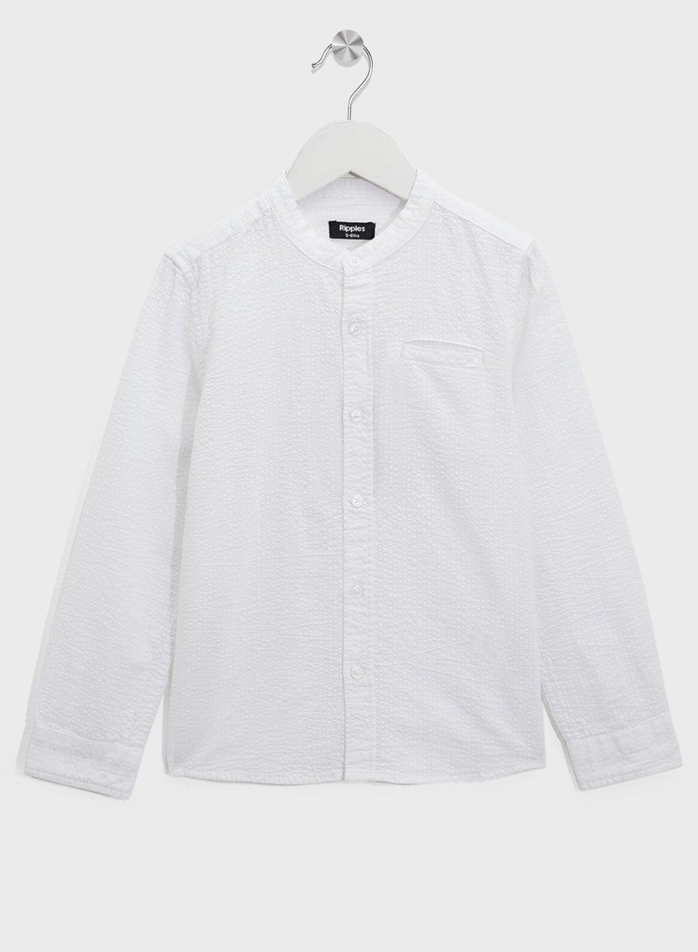 Boys White Ribbed Cotton Chinese Collar Shirt - Image 1