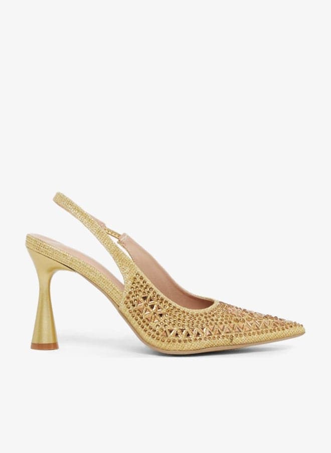Gold Embellished Pointed Stiletto Slingback Heels 7012681812 - Image 1