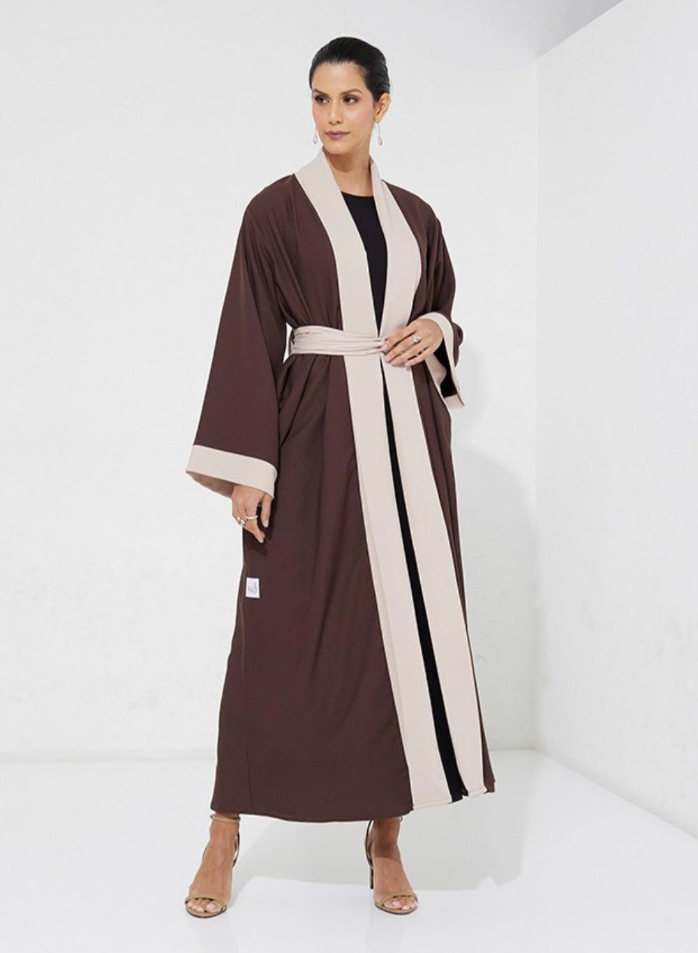Brown Abaya with Beige Line Detail 52" - Image 1