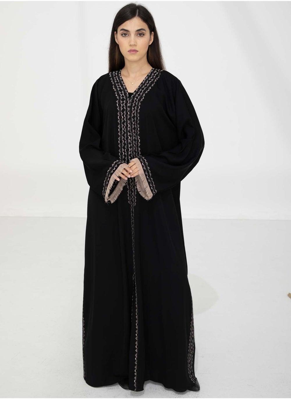 Black Nida Abaya Contrast Threadwork Set with Headscarf - Image 1