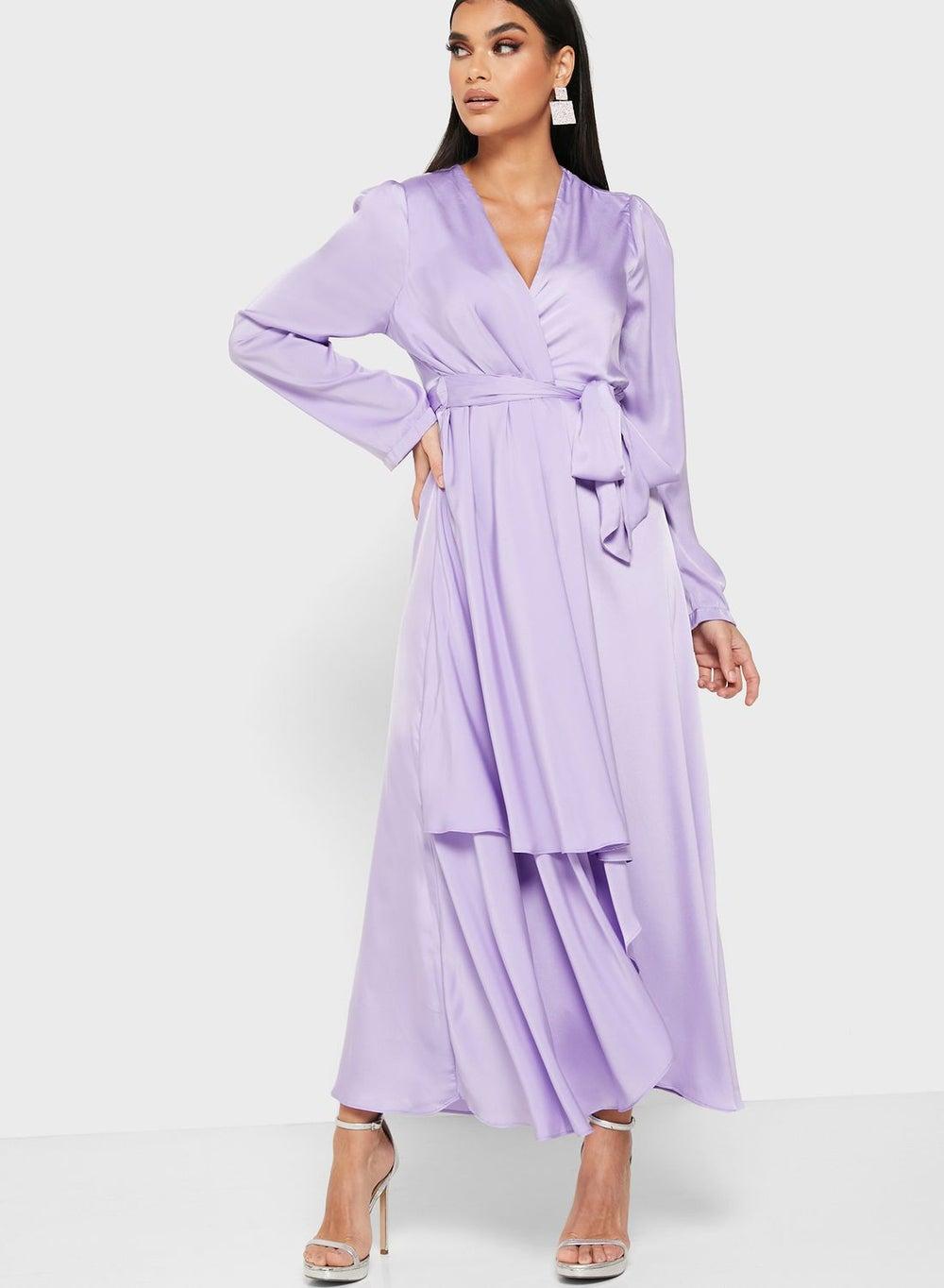 5Lyq110 Satin-Feel Wrap Front Midi Dress - Image 1