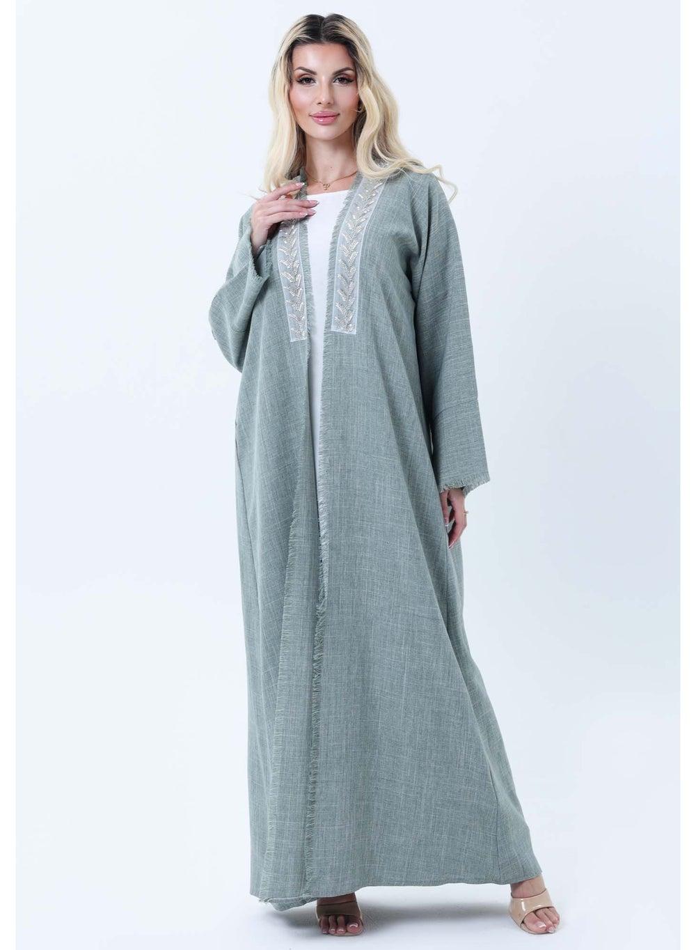 Sage Green Melange Linen Abaya with Lace Panel - Image 1