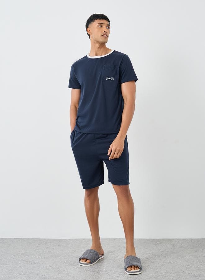Navy Contrast Neck Slogan Pocket T-Shirt Shorts Set - Image 1