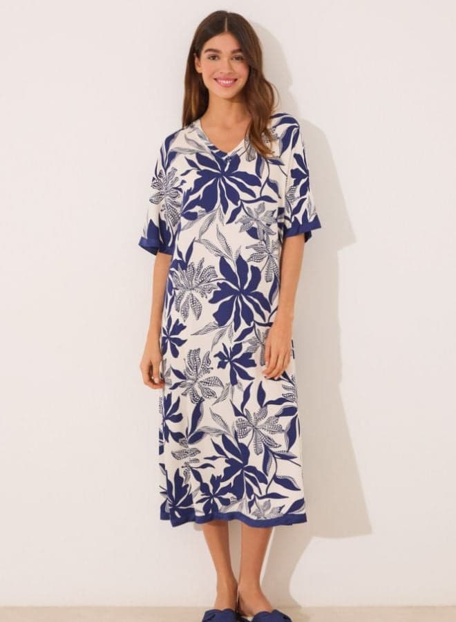 Blue Floral V-Neck Midi Dress 447983110 - Image 1