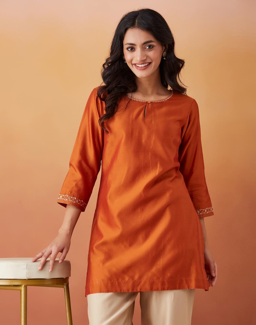Orange Cotton Silk Embroidered Short Kurta - Image 1