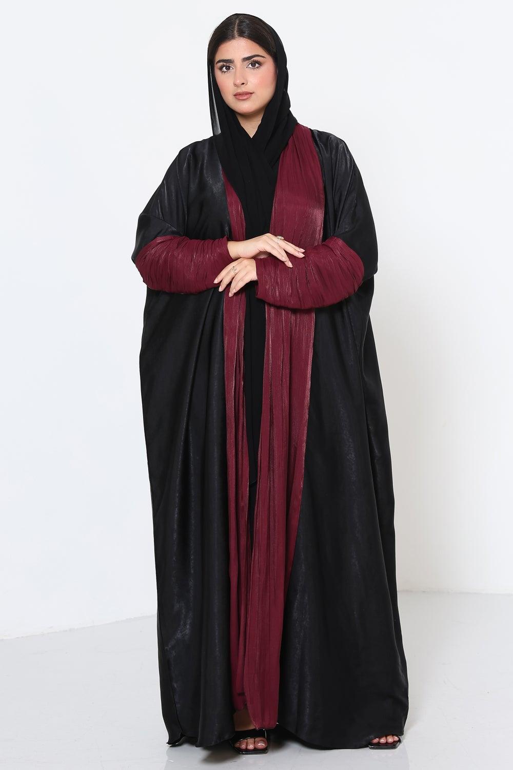 Soft Open Abaya with Burgundy Organza Accents - Image 1