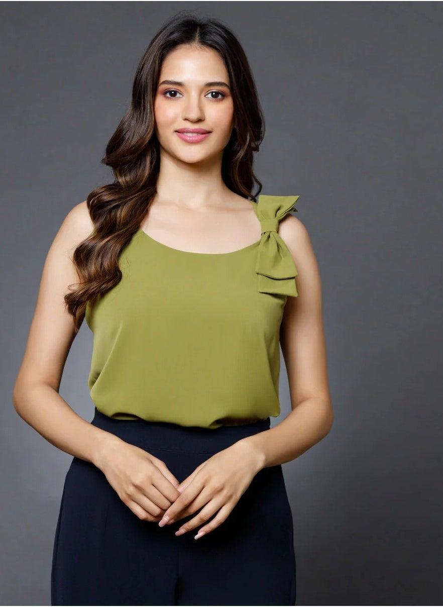 Elegant Side Bow Green Polyester Top - Image 1