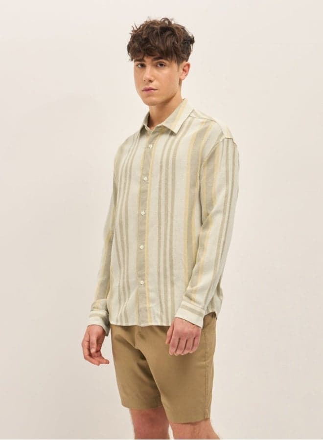Men’s Beige Striped Cotton Shirt Classic Button-Down - Image 1