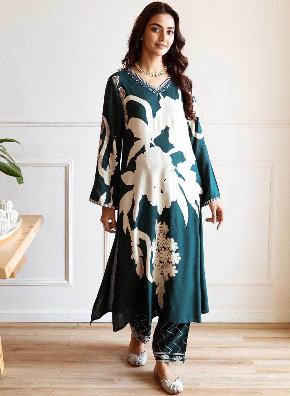 Ishin Green Cotton Embellished Straight Kurta Set - Image 1