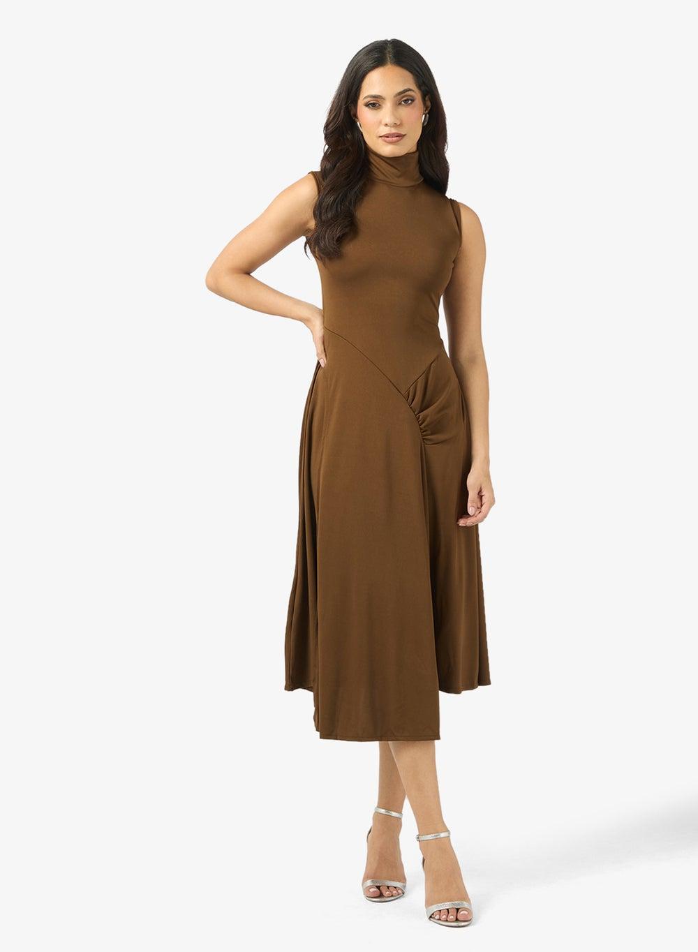 Clt256149 Chocolate Brown High Neck Midi Dress - Image 1