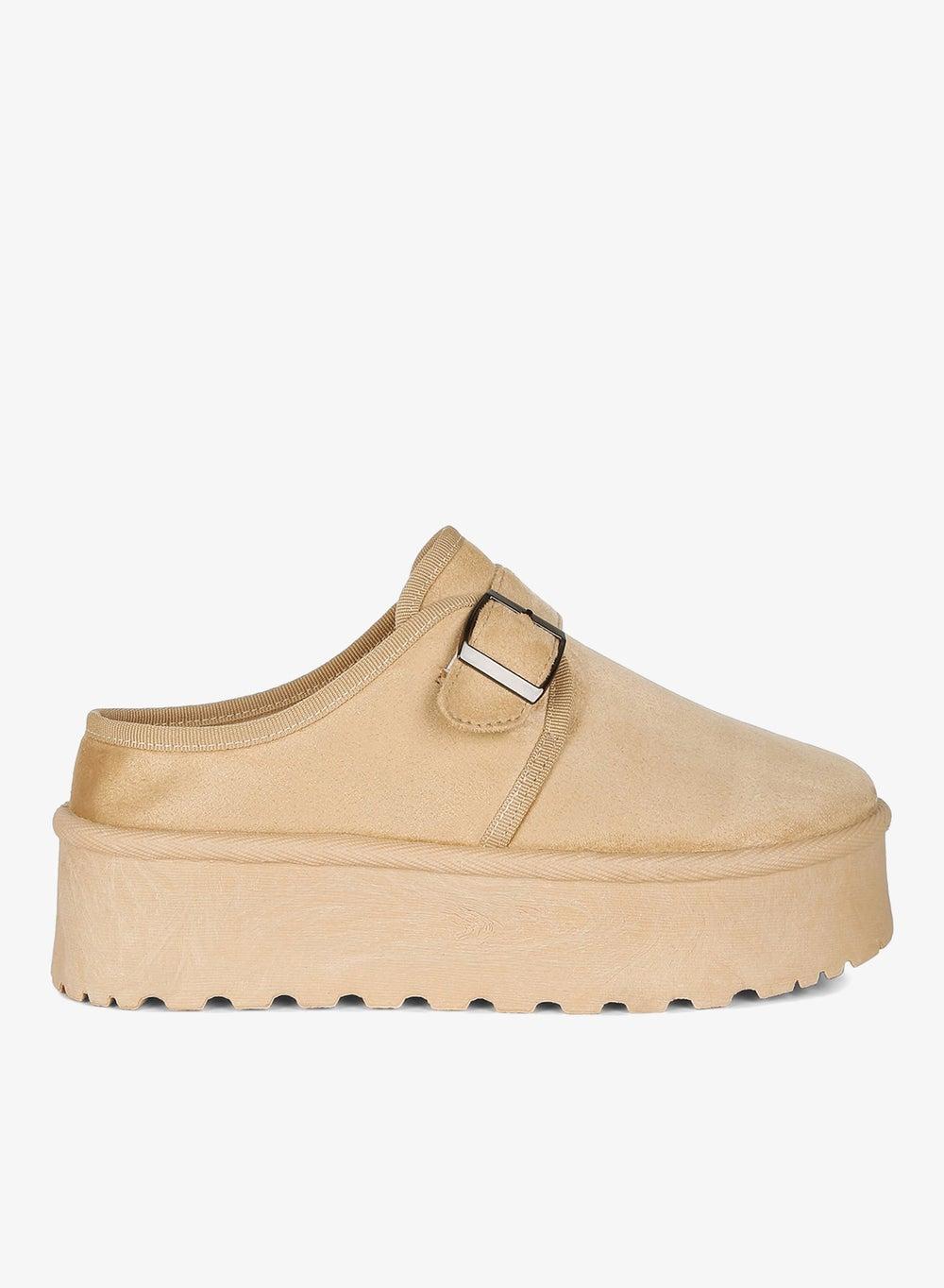 Beige Buckle Strap Flatform Booties Sh4870 - Image 1