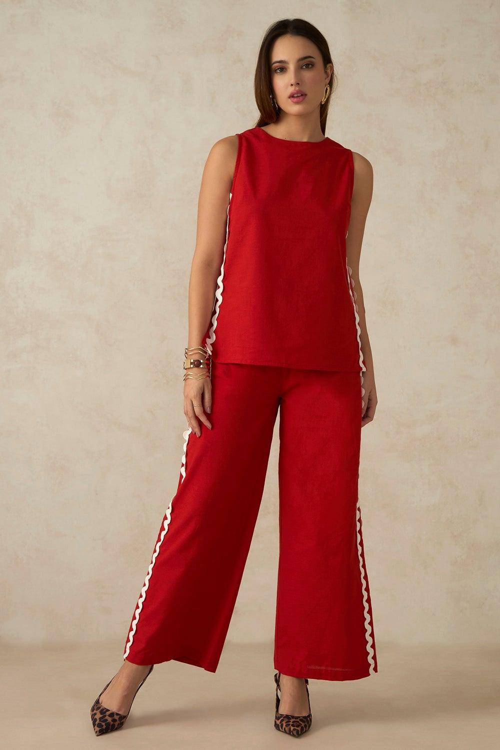 Red Cotton Flared Dinnerwear Pants for Women - Image 1