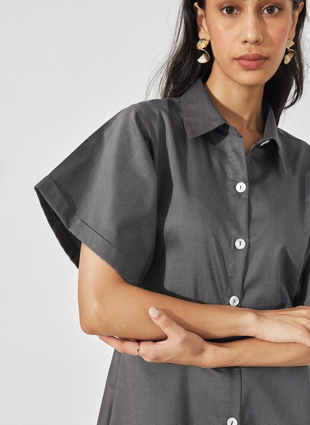 Charcoal Skater Shirt Dress – Relaxed Midi Elegance - Image 1
