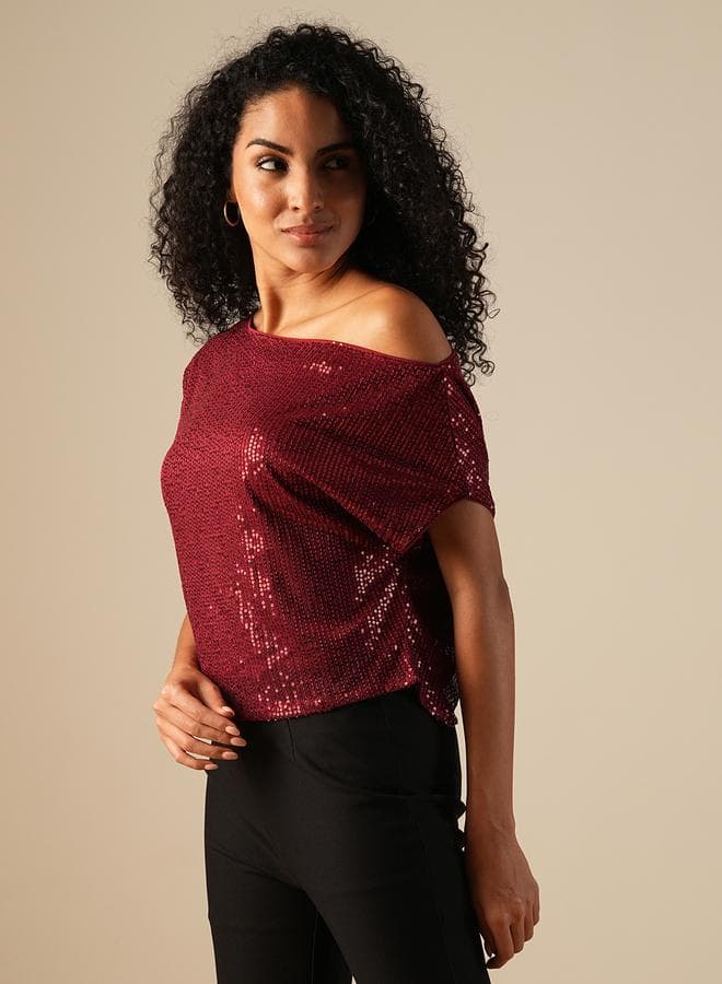 Globus Maroon Embellished Asymmetric Neck Top - Image 1