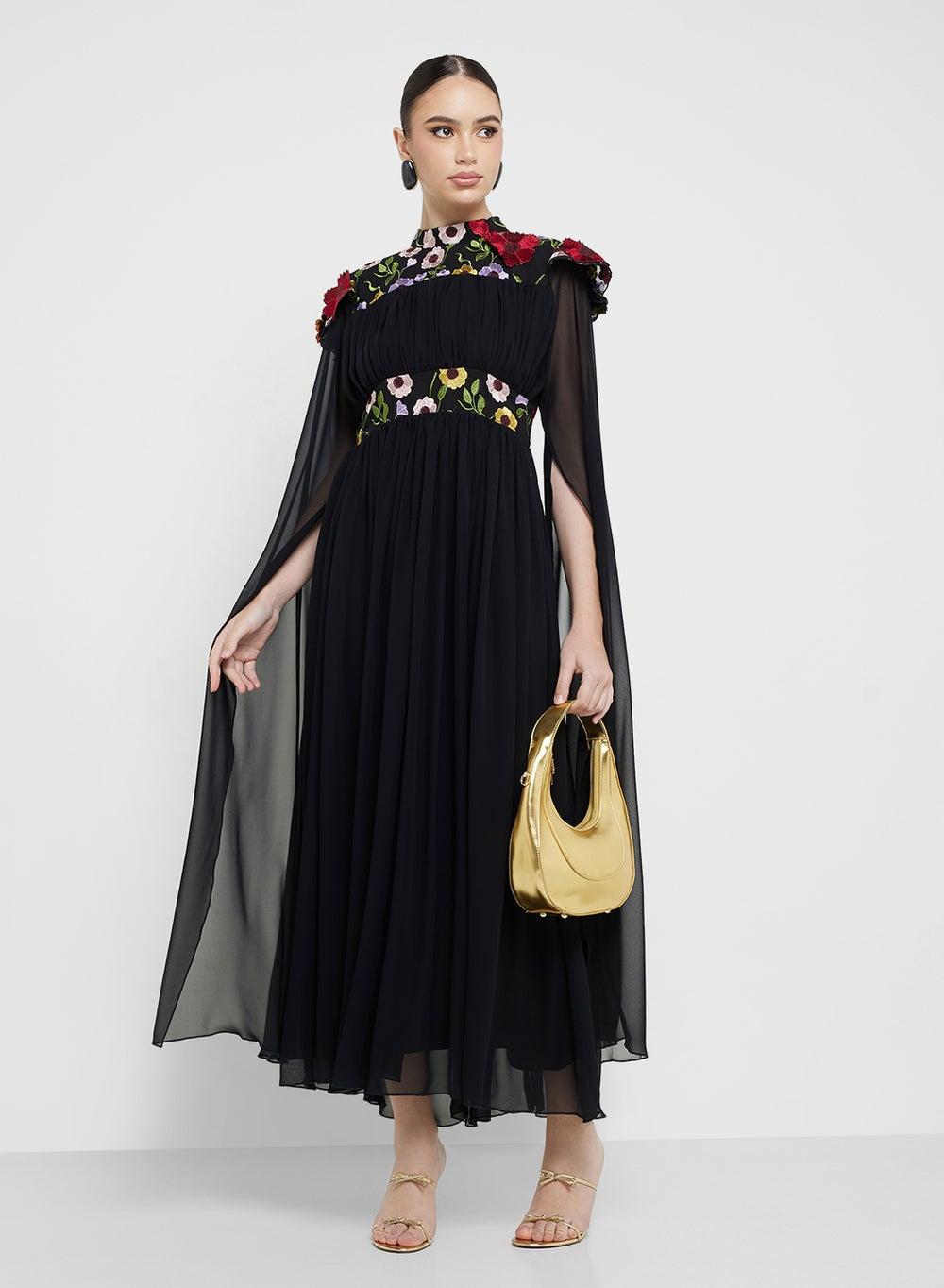 Ss25Dr036 Black Floral Embroidered Chiffon Maxi Dress - Image 1