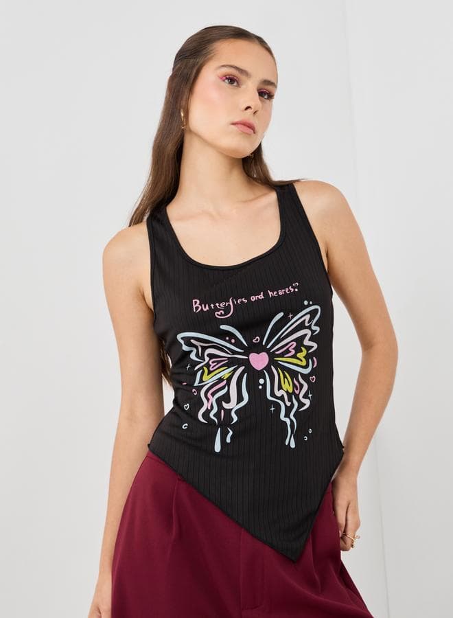 Graphic Print Sleeveless Black Top Classic Fit - Image 1