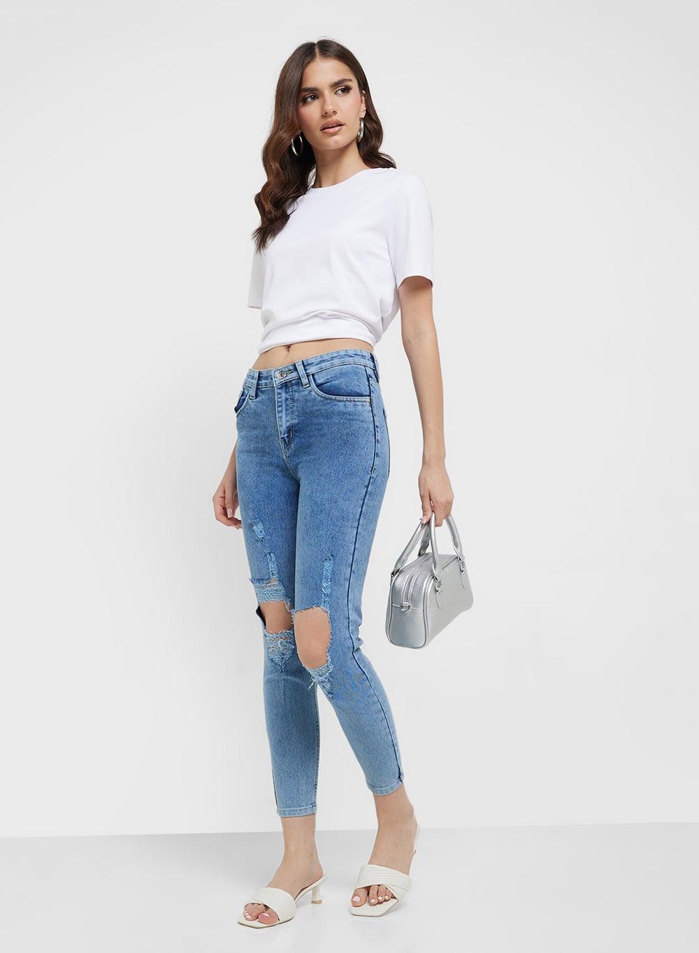 Blue Ripped Mid Rise Skinny Jeans Zopwd0105 - Image 1