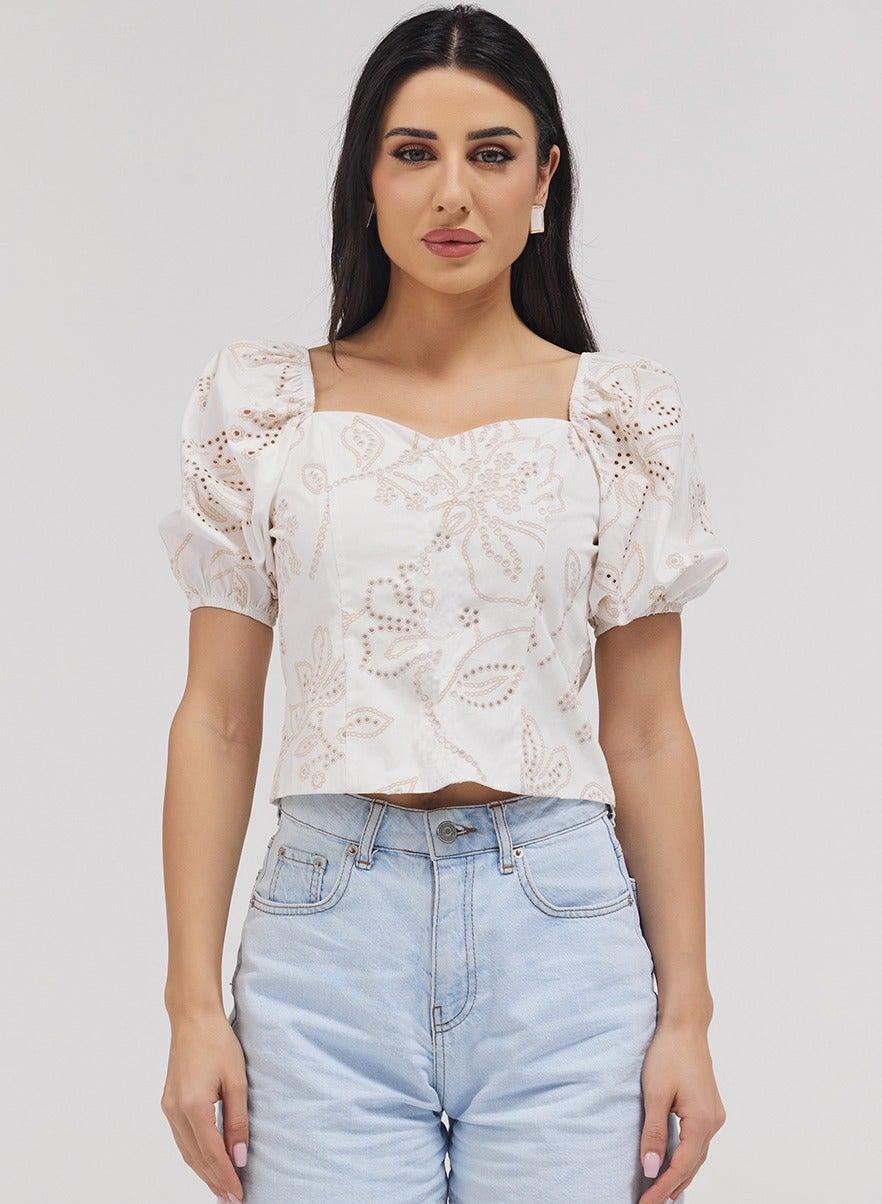 White Cotton Puff Sleeve Front Open Top - Image 1