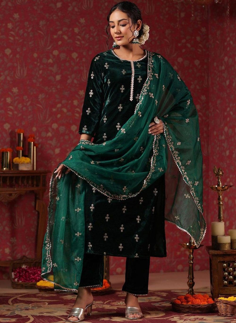 Green Velvet Self-Design Palazzo Kurta Set - Image 1