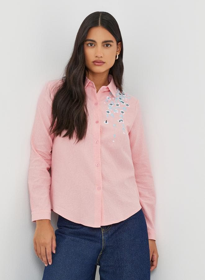 Pink Floral Embroidered Buttoned Collared Shirt - Image 1
