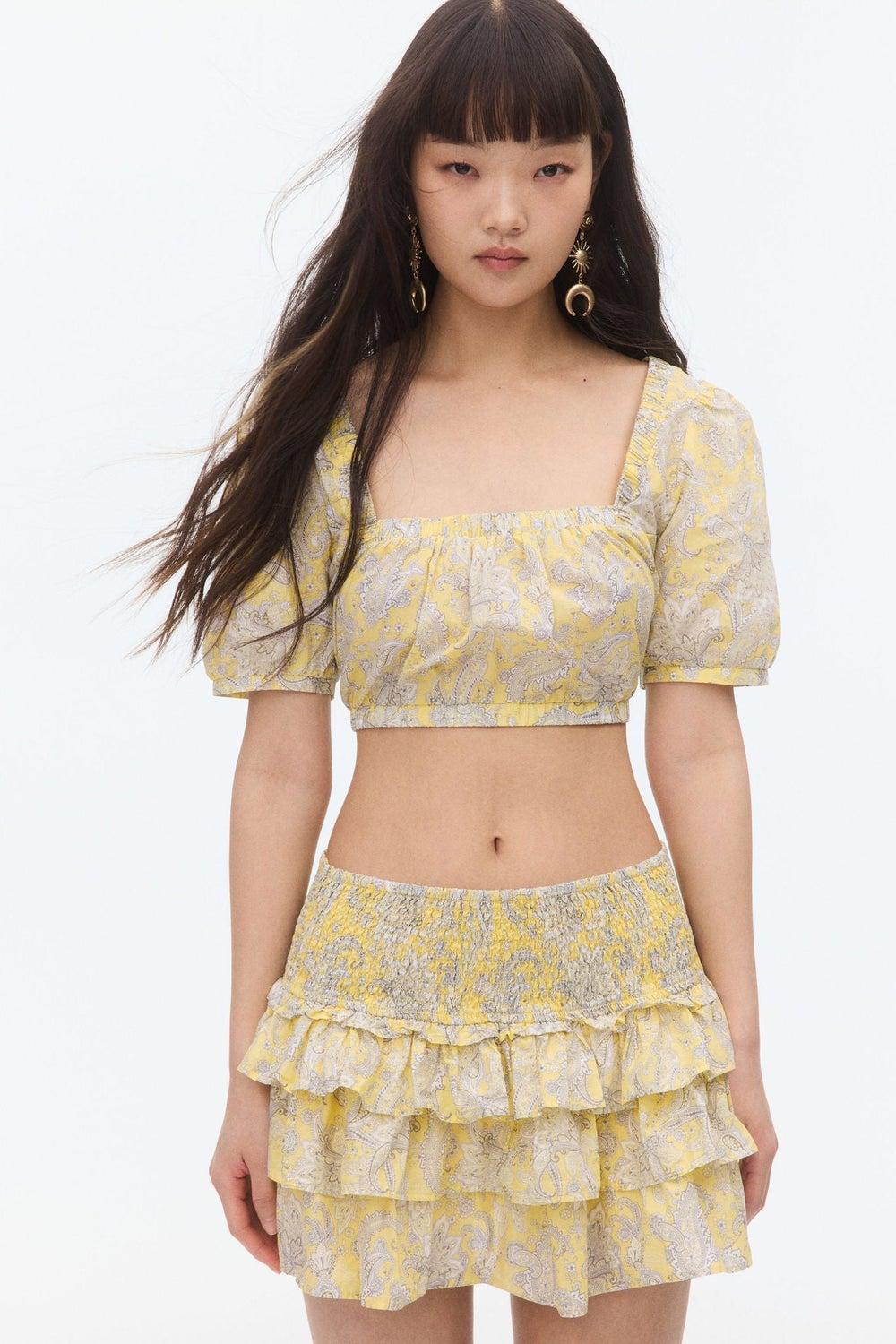 Lacing-Detail Cropped Cotton Blouse in Light Yellow - Image 1