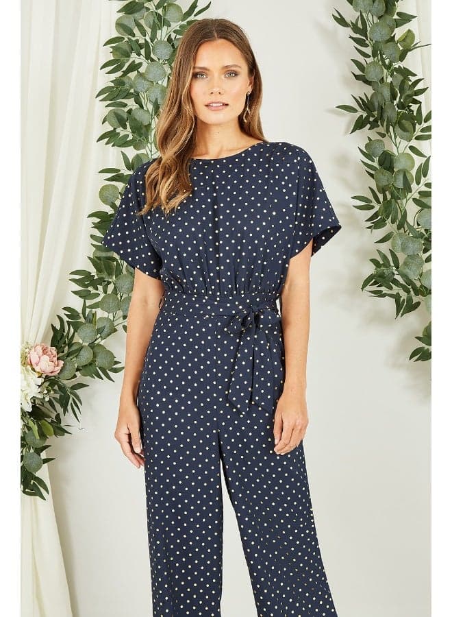 Navy Spot Batwing Sleeve Wide-Leg Jumpsuit - Image 1
