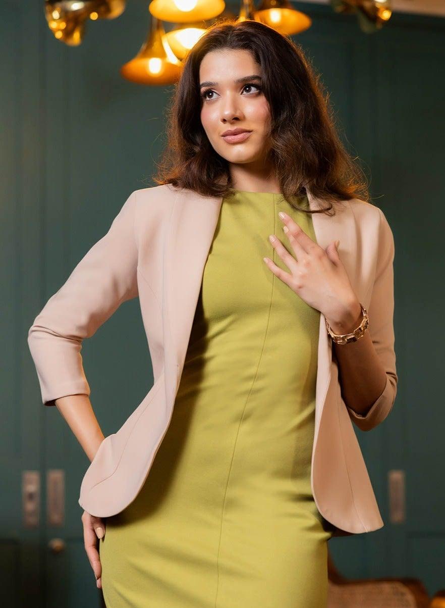 Basic Lapel Collared Beige Blazer - Image 1