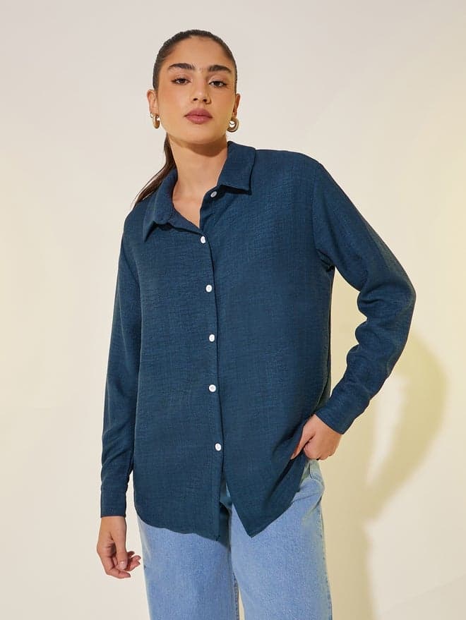 Textured Blue Long Sleeve Spread Collar Shirt - Image 1