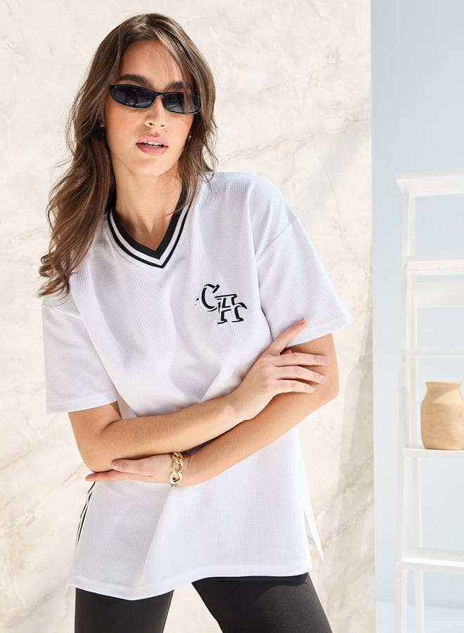 Oversized Contrast Neck Rib Embroidered T-Shirt 7005653336 - Image 1