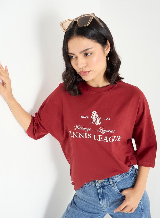 Red Oversized Cotton T-Shirt Dropped Shoulder Graphic - Image 1