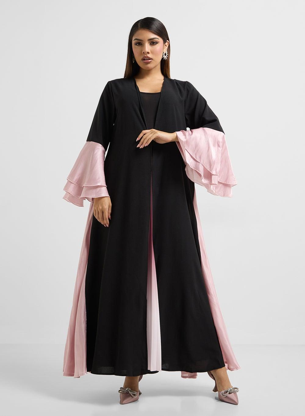 Black Contrast Ruffle Sleeve Abaya Mq124 - Image 1