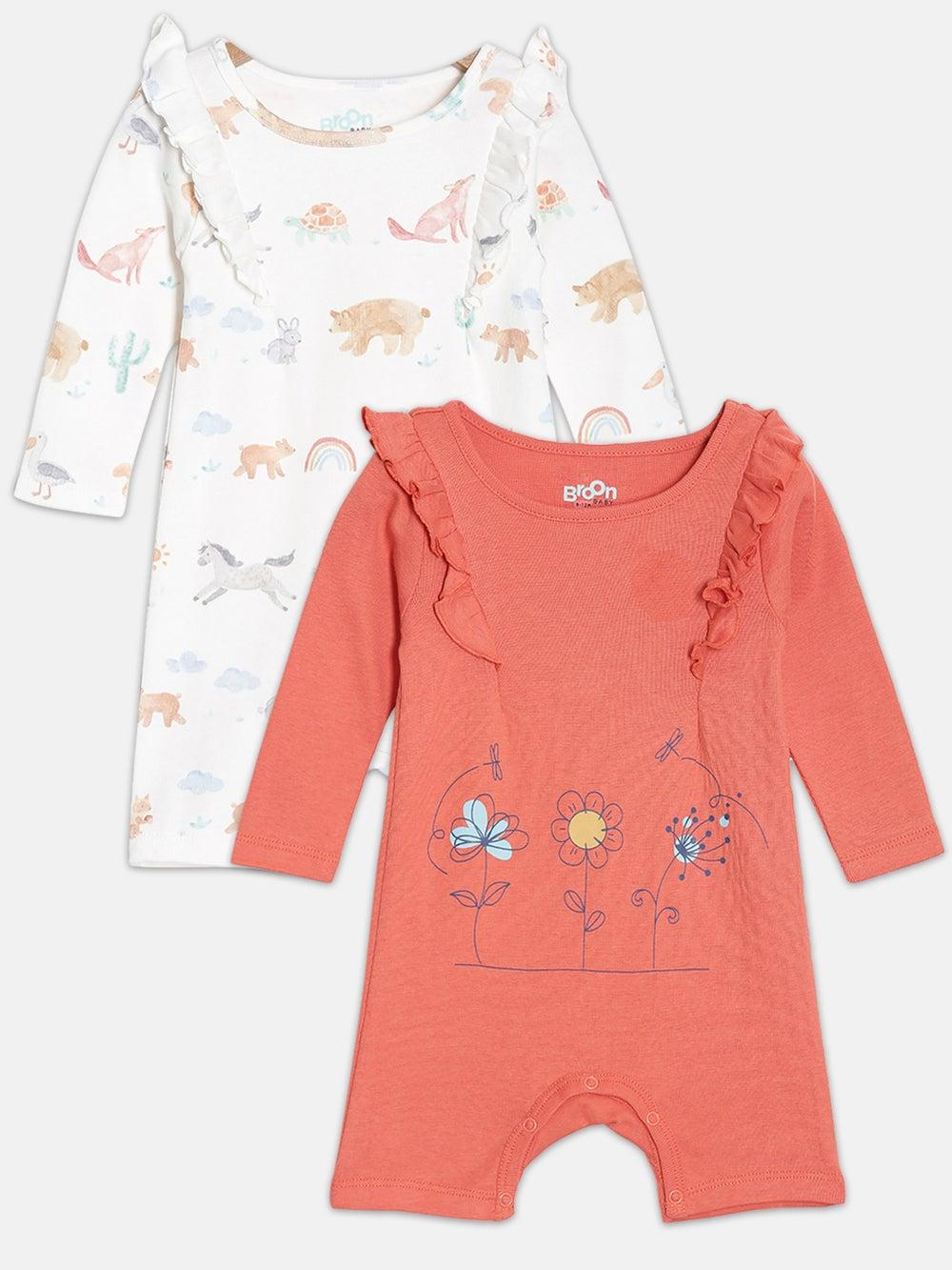 Broon Girls Organic Cotton Rompers 2-Pack Orange White - Image 1