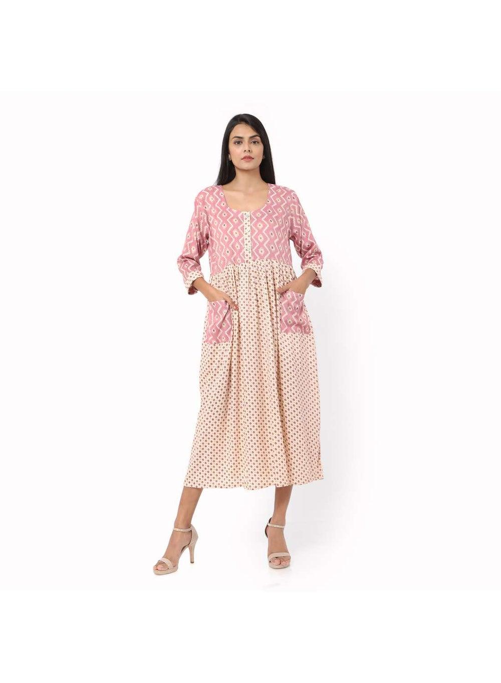 Pink Printed Front-Button Arabic Kaftan Jalabiya Dress - Image 1