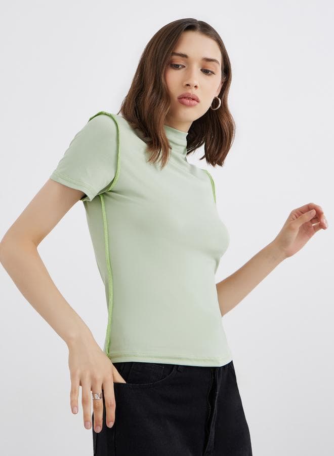 Green Solid High Neck Stitch Detail T-Shirt - Image 1