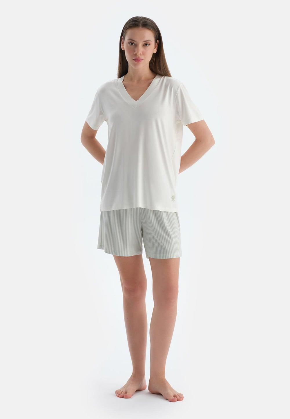 Ecru Cotton Blend V-Neck Nightwear Set 25Sw17823Bb - Image 1