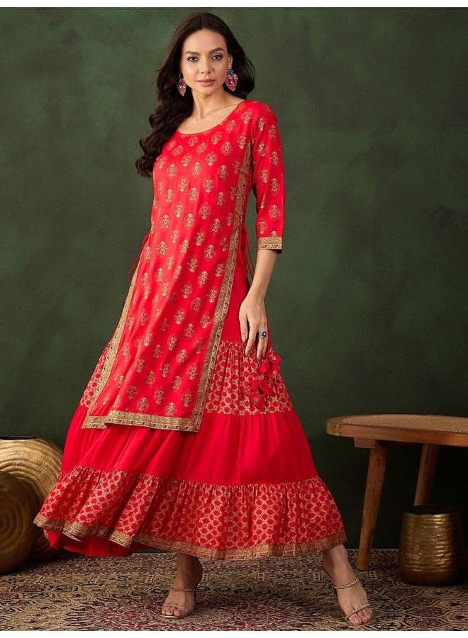 Red Gold Print Rayon Maxi Dress with Dupatta - Image 1