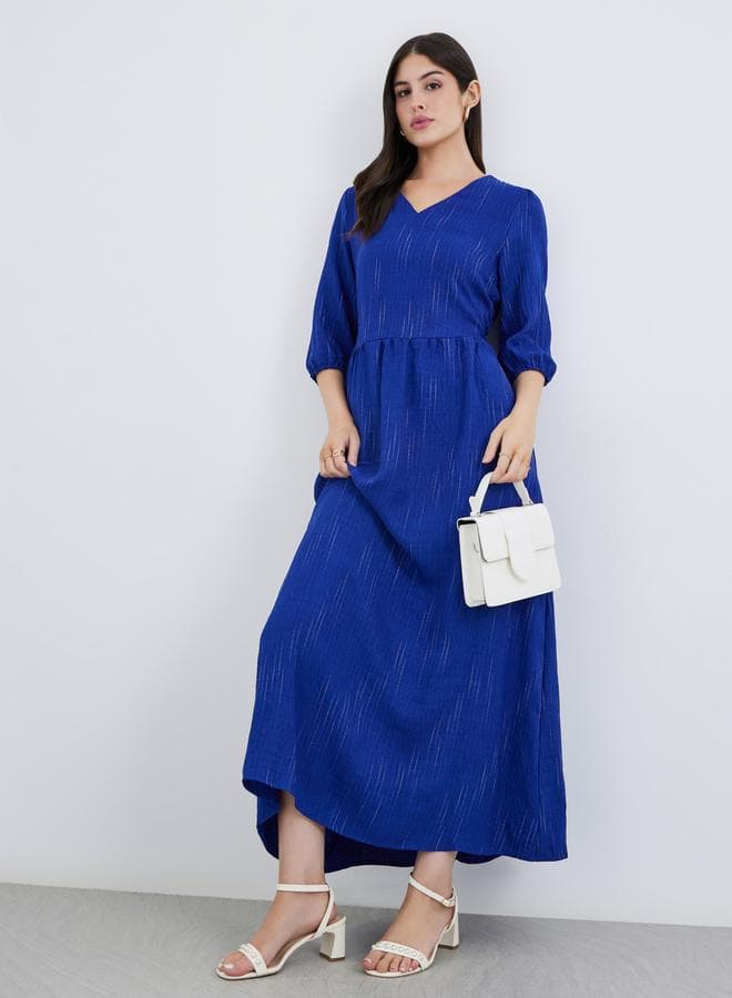 Styli Royal Blue Self-Design Maxi Dress 3/4 Sleeves - Image 1