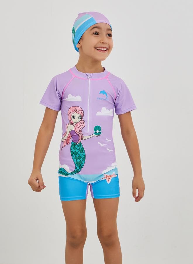 Girls Lilac Graphic Print Swimsuit with Cap Set - Image 1