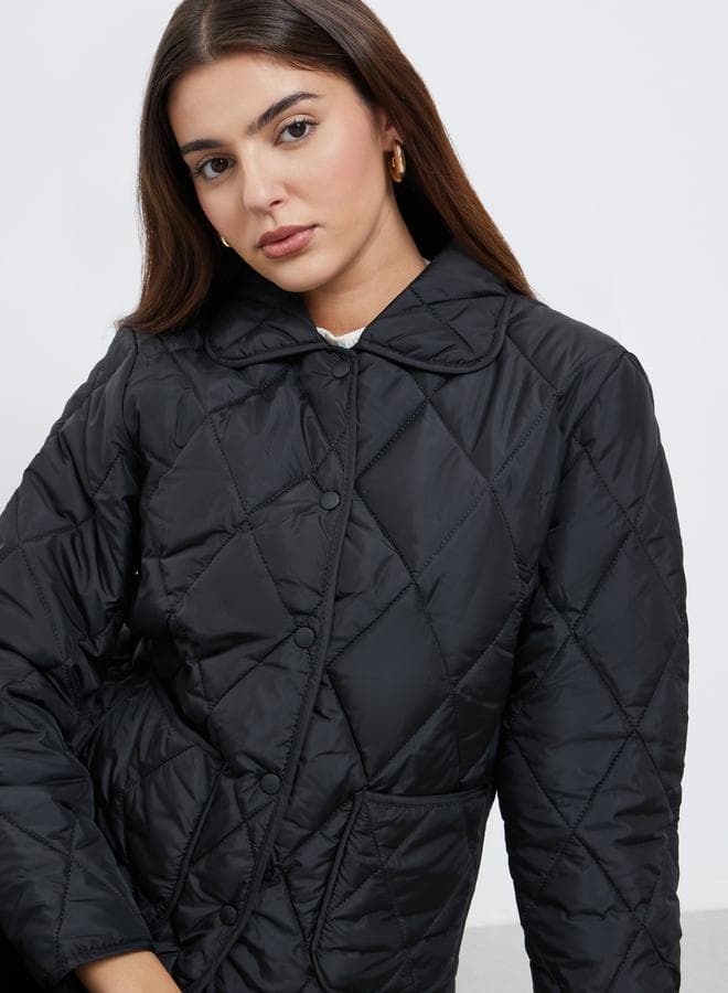 Styli Quilted Padded Jacket Black Collared Classic Fit - Image 1
