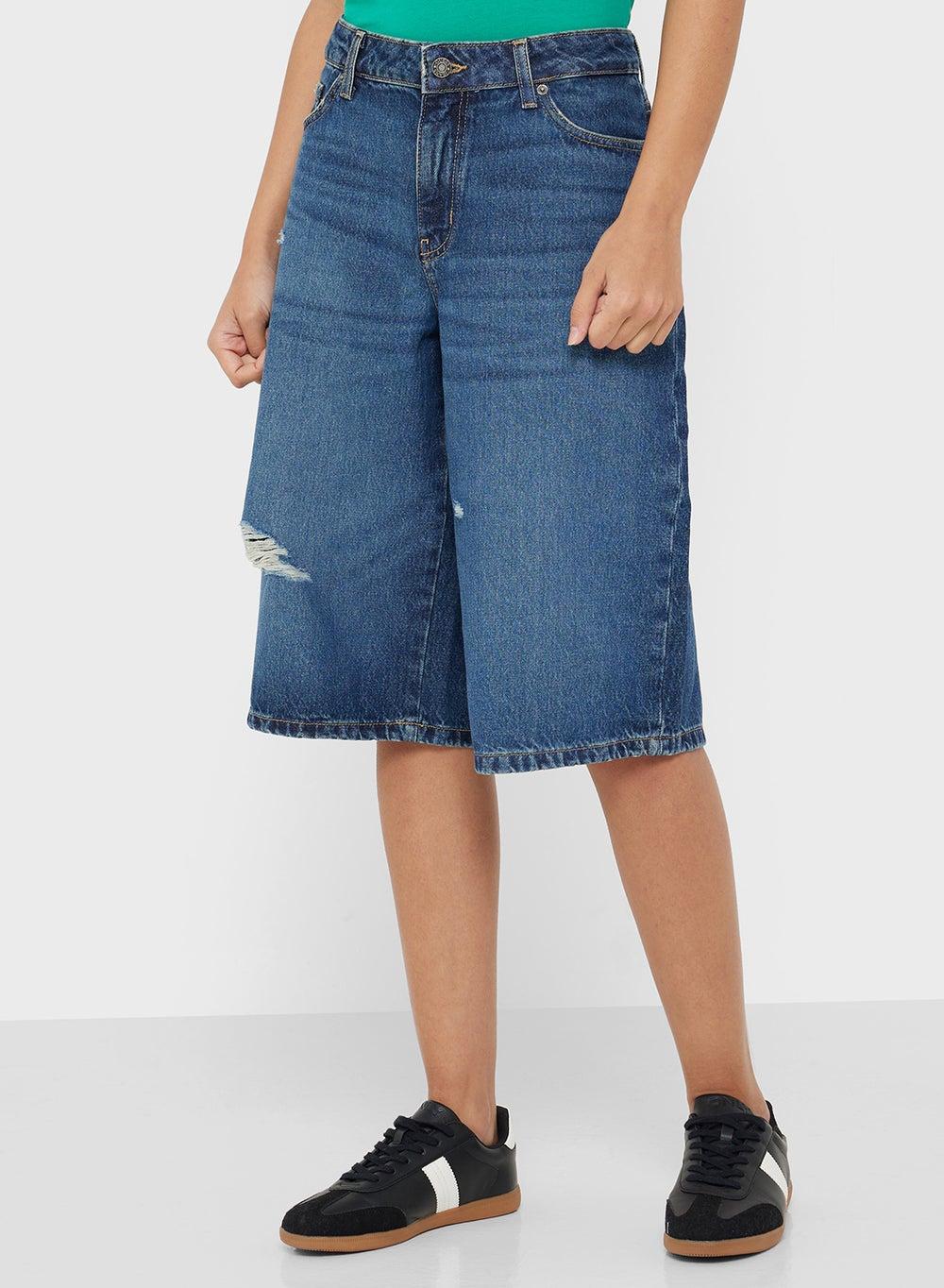 High Waist Denim Bermuda Baggy Shorts Blue - Image 1