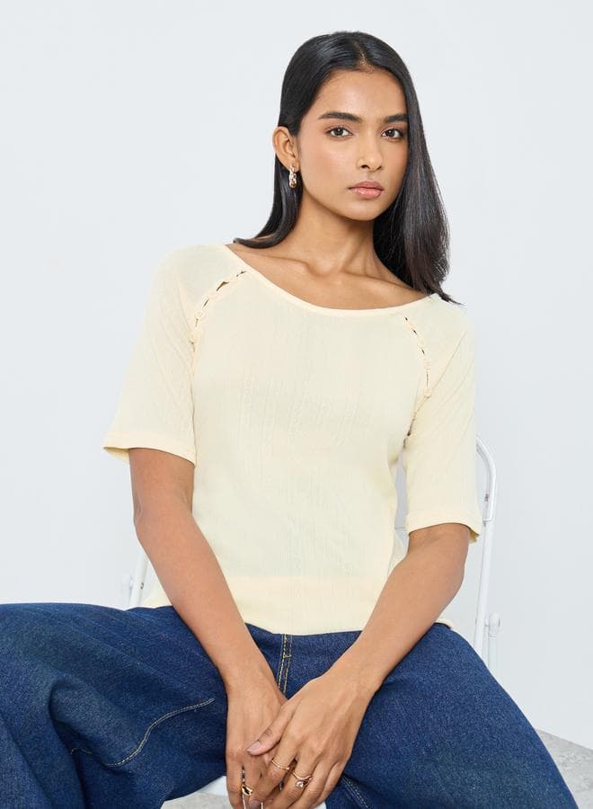 Textured Buttoned Knit Top – Yellow Boat Neck - Image 1