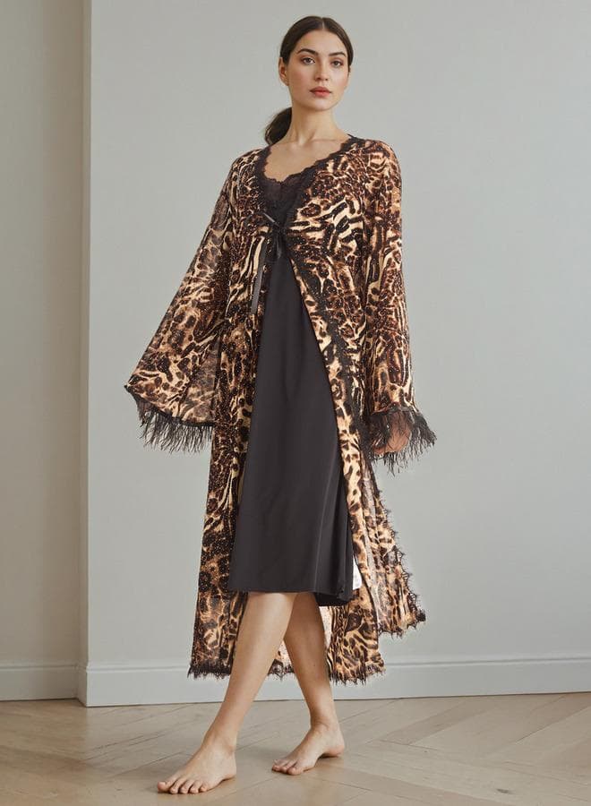 Black Lace Panel Night Gown Set with Robe & Thong - Image 1