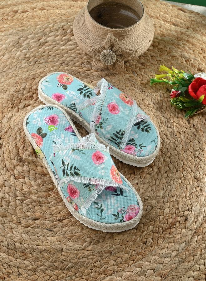 Frayed Trim Floral Cross Strap Flat Sandals 7008331920 - Image 1