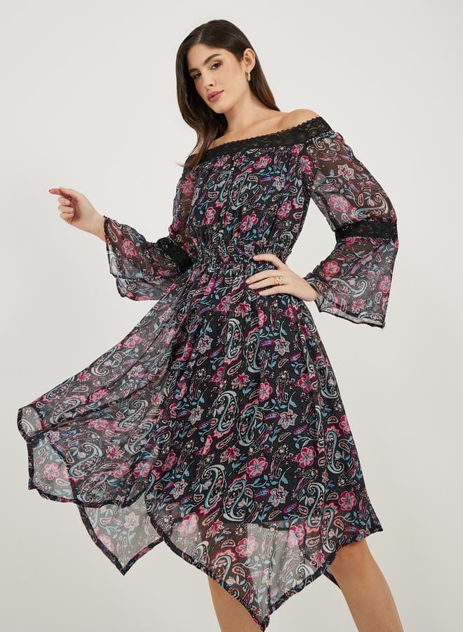 Styli Paisley Off-Shoulder Asymmetric Midi Dress 7010630120 - Image 1