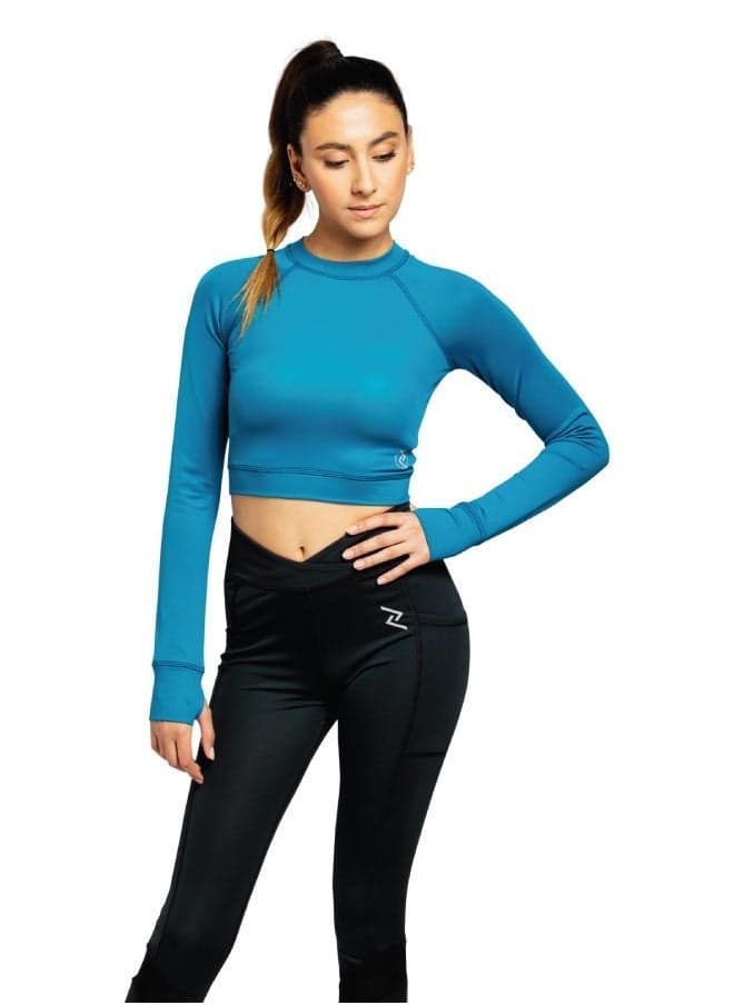 Blue Slim-Fit Performance Crop Top with Thumbholes - Image 1