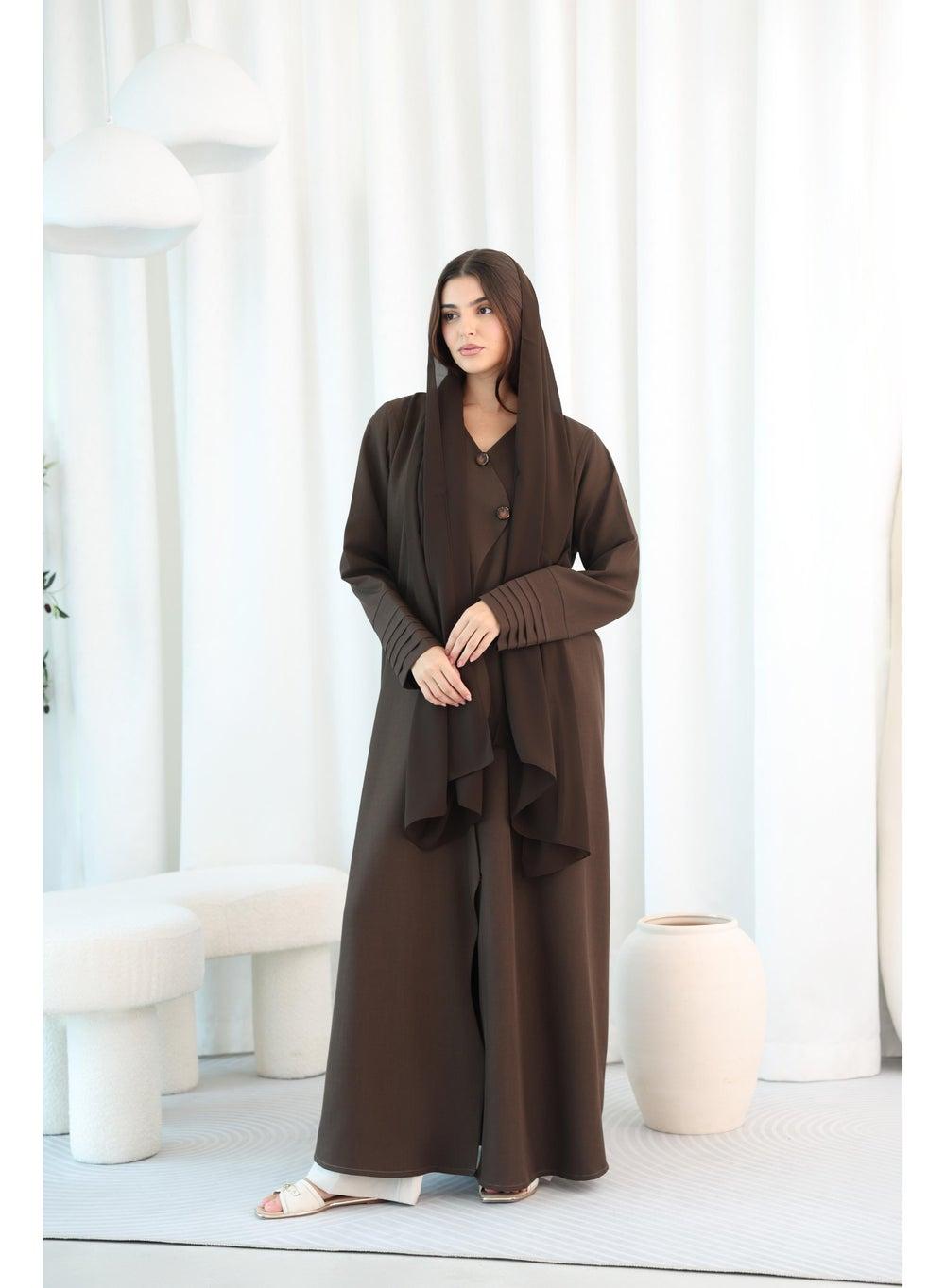 ABY1098 Pleated Sleeve Button Detail Formal Abaya - Image 1